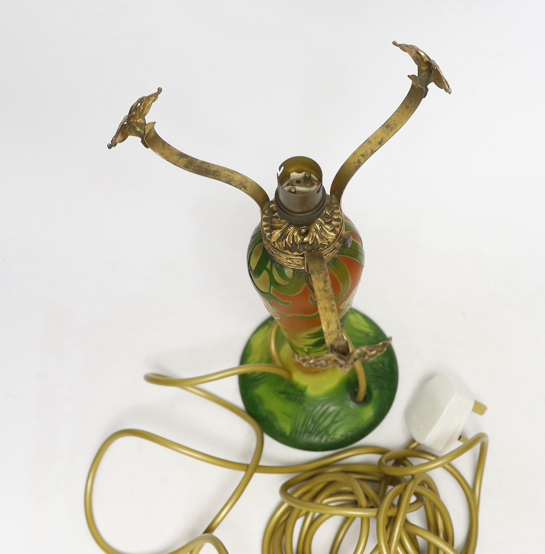 An Art Nouveau cameo glass lamp base by J. Michael, Paris, gilt metal mounted, 27cm high including fittings